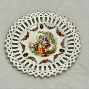 Vintage German Reticulated Porcelain Plate, Courting Couple Scene, 7.5” MCM GUC